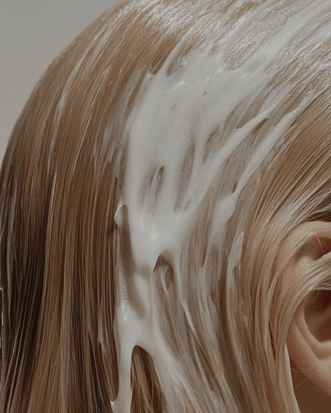 Cream treatment worked through wet blonde hair